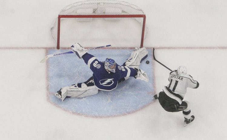 December 14, 2021, Tampa, Florida, USA: Tampa Bay Lightning goaltender Andrei Vasilevskiy (88) stops Los Angeles Kings c