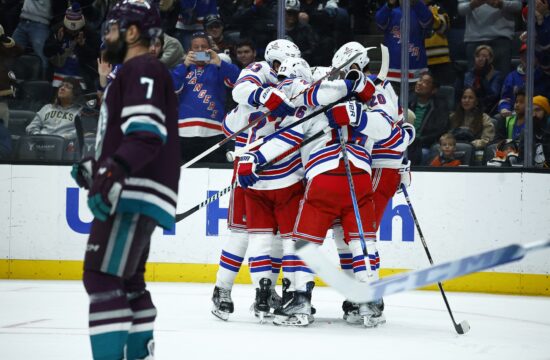 ANAHEIM, CALIFORNIA - JANUARY 21: The New York Rangers celebrate a goal against the Anaheim Ducks in the second period at Honda Center on January 21, 2024 in Anaheim, California. Ronald Martinez,Image: 839293942, License: Rights-managed, Restrictions: , Model Release: no