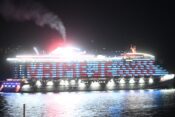 Split, Croatia, 171023. On the Resilient Lady cruise ship of Virgin Voyages in front of the port of Split, the message V