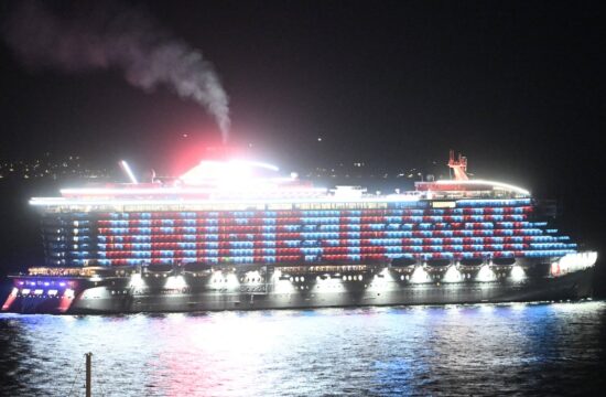Split, Croatia, 171023. On the Resilient Lady cruise ship of Virgin Voyages in front of the port of Split, the message V
