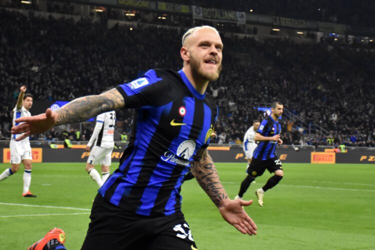Inter Milan Federico Dimarco celebrate during the italian soccer Serie A match Inter-Atalanta the Giuseppe Meazza