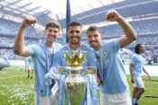 Manchester, England, 19th May 2024. Rodri of Manchester City (C), John Stones of Manchester City (L) and Ruben Dias of M