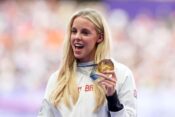 Great Britain's Keely Hodgkinson with her gold medal following victory in the Women's 800m Final at the Stade de France on the eleventh day of the 2024 Paris Olympic Games in France. Picture date: Tuesday August 6, 2024.