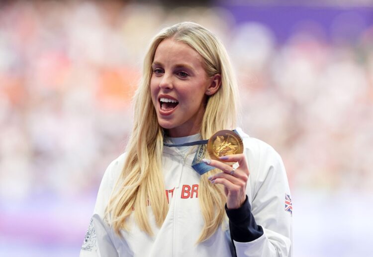 Great Britain's Keely Hodgkinson with her gold medal following victory in the Women's 800m Final at the Stade de France on the eleventh day of the 2024 Paris Olympic Games in France. Picture date: Tuesday August 6, 2024.