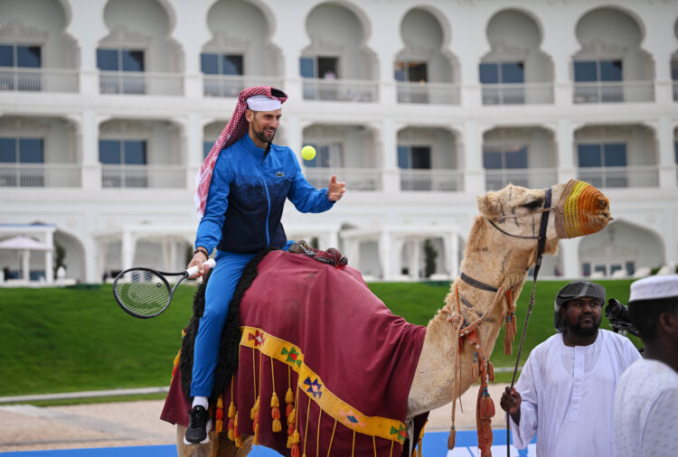 Qatar ExxonMobil Open 2025 Photostunt at Katara Beach , Doha Qatar Grigor Dimitrov (BUL), Novak Djokovic (SRB) , Carlos