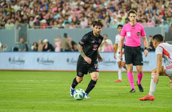 Tampa, Florida, USA, February 14, 2025, Inter Miami players Lionel Messi #10 runs up field in a friendly Florida Derby Match at Raymond James Stadium.