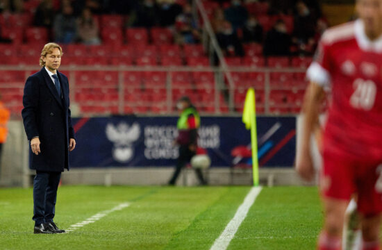 Valeri Karpin (L) head coach of Russia during the European Qualifying soccer match for 2022 World Cup between Russia and
