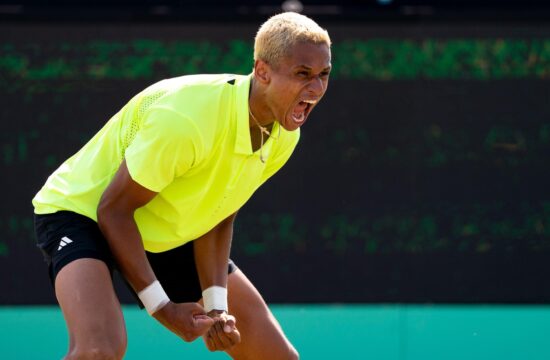 ROSMALEN, NETHERLANDS - JUNE 15: Gabriel Diallo of Canada celebrating his sides win during Day Seven of 2025 Libema Open Grass Court Championships at Autotron on June 15, 2025 in Rosmalen, Netherlands. (Photo by Joris Verwijst/Orange Pictures)