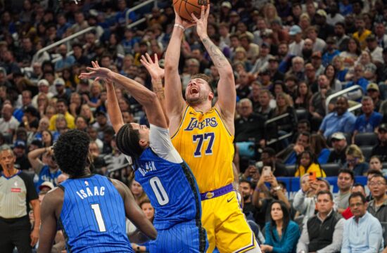 Orlando, Florida, USA, March 24, 2025, Los Angeles Lakers guard Luka Doncic #77 attempt to score during the first half at the Kia Center. (Photo Credit: Marty Jean-Louis/Alamy Live News