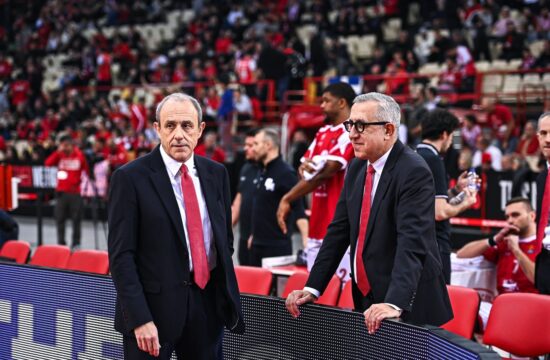 Head Coach Ettore Messina with General Manager of EA7 Emporio Armani Milan Mr. Christos Stavropoulos during the Euroleag