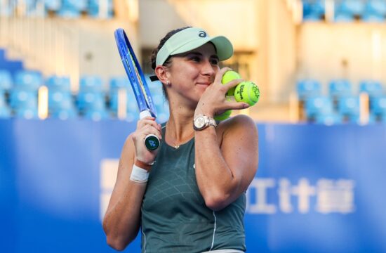 WUHAN, CHINA - OCTOBER 07: Belinda Bencic of Switzerland interacts with fans in the Women s Singles Round of 64 match ag