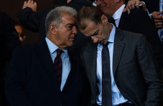 Barcelona, Spain, 1, October, 2025. FC Barcelona president Joan Laporta with Aleksander Čeferin during Champions League match between FC Barcelona and PSG in Olympic Stadium Lluis Companys, Barcelona, Spain, on October 1, 2025.