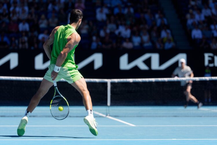 Melbourne, Australia. 21st Jan, 2026. 1st seed CARLOS ALCARAZ of Spain in action against YANNICK HANFMANN of Germany on Rod Laver Arena in a Men's Singles 2nd round match on day 4 of the 2026 Australian Open in Melbourne, Australia. ALCARAZ won 76 63 62.