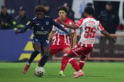 Pancevo, Serbia. 14th Feb, 2026. Zeleznicar's Pedro Simao (L) during Serbian Superleague football match between Crvena Zvezda (Red Star) and Zeleznicar Pancevo on February 14. 2026. in Pancevo, Serbia. (photo by Pedja Milosavljevic/STARSPORT )