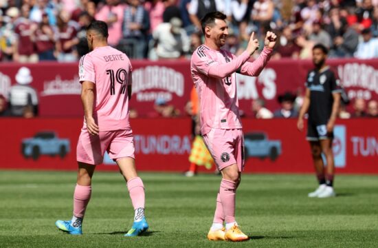 DENVER, COLORADO - APRIL 18: Lionel Messi #10 of Inter Miami CF celebrates scoring his team's first goal during the MLS match between Colorado Rapids and Inter Miami CF at Empower Field At Mile High on April 18, 2026 in Denver, Colorado. Tanner Pearson/Clarkson Creative,Image: 1092595416, License: Rights-managed, Restrictions: , Model Release: no
