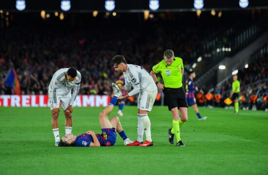 Barcelona, Esp. 10th May, 2026. FC BARCELONA vs REAL MADRID MAY 10, 2026 Trent (12) of Real Madrid (left), Fermin Lopez (16) of FC Barcelona and Asencio (17) of Real Madrid during the match between FC Barcelona and Real Madrid corresponding to the thirty-