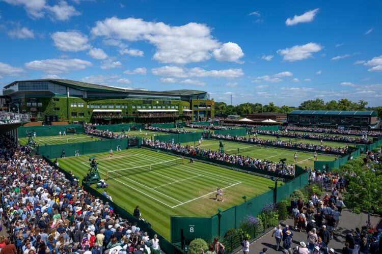 A general view of Centre Court and Court 8 as Katie Volynets (USA) takes on Barbora Krejcikova (CZE) in the second round of the Ladies' Singles on cou
